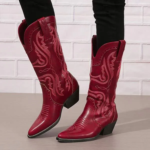 Women's Embroidered Chunky Heel Mid-Calf Boots 93259013C