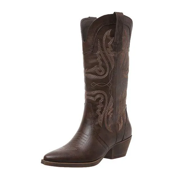 Women's Embroidered Chunky Heel Mid-Calf Boots 93259013C
