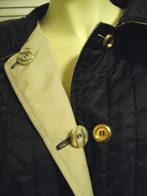 Womens Long Trench Coat Reversible Winter Jacket Black Quilted / Beige Tan Khaki L-XL