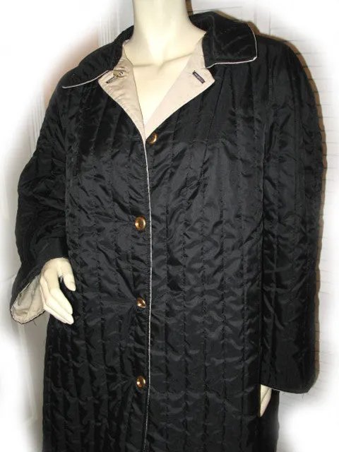 Womens Long Trench Coat Reversible Winter Jacket Black Quilted / Beige Tan Khaki L-XL