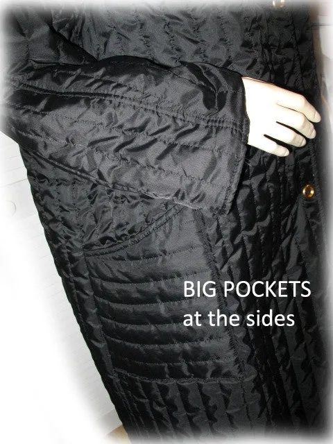 Womens Long Trench Coat Reversible Winter Jacket Black Quilted / Beige Tan Khaki L-XL