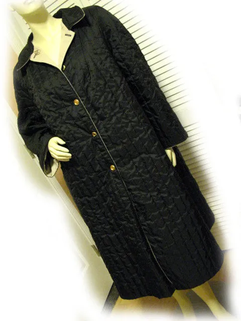 Womens Long Trench Coat Reversible Winter Jacket Black Quilted / Beige Tan Khaki L-XL