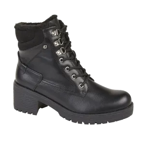 Zoffany Ladies chunky heel lace up ankle boot with cleated sole and fur lining. Inside zip