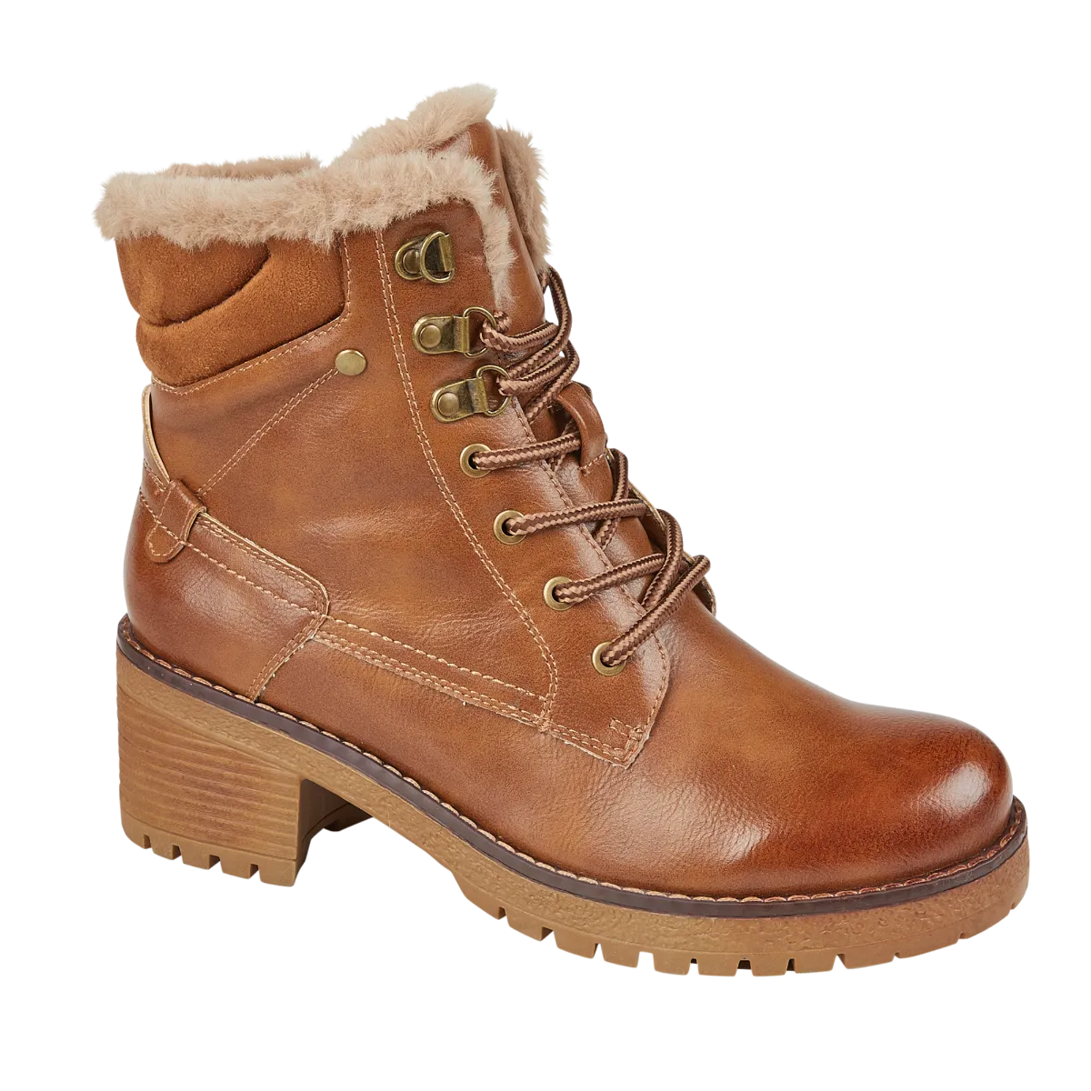 Zoffany Ladies chunky heel lace up ankle boot with cleated sole and fur lining. Inside zip